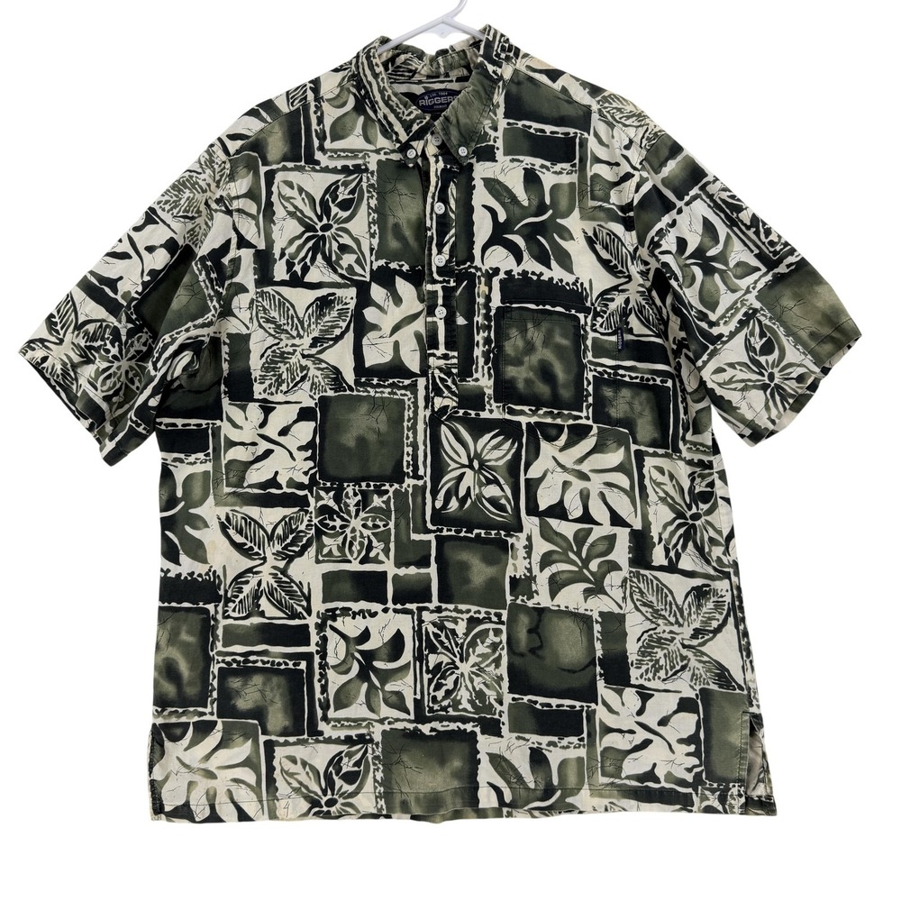 Vintage Riggers Shirt Mens XL Green Hawaiian Floral Short Sleeve Button Front